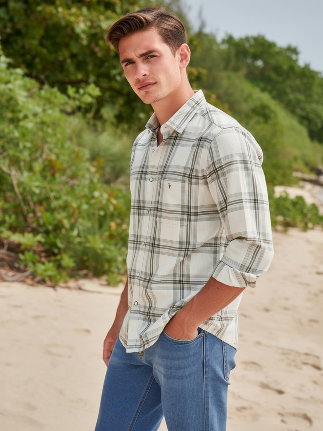 Sand Cream Checked Casual Shirt