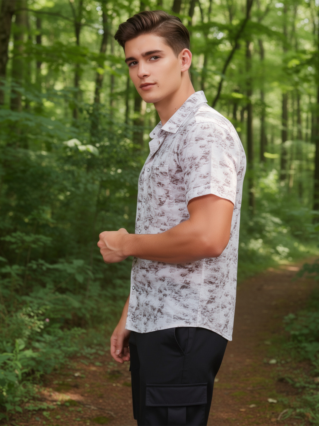 Frost White and Brown Textured Abstract Printed Casual Shirt