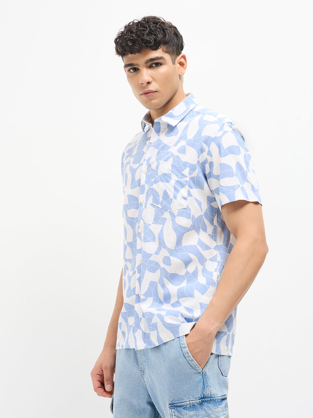 Muted Blue and White Printed Casual Shirt