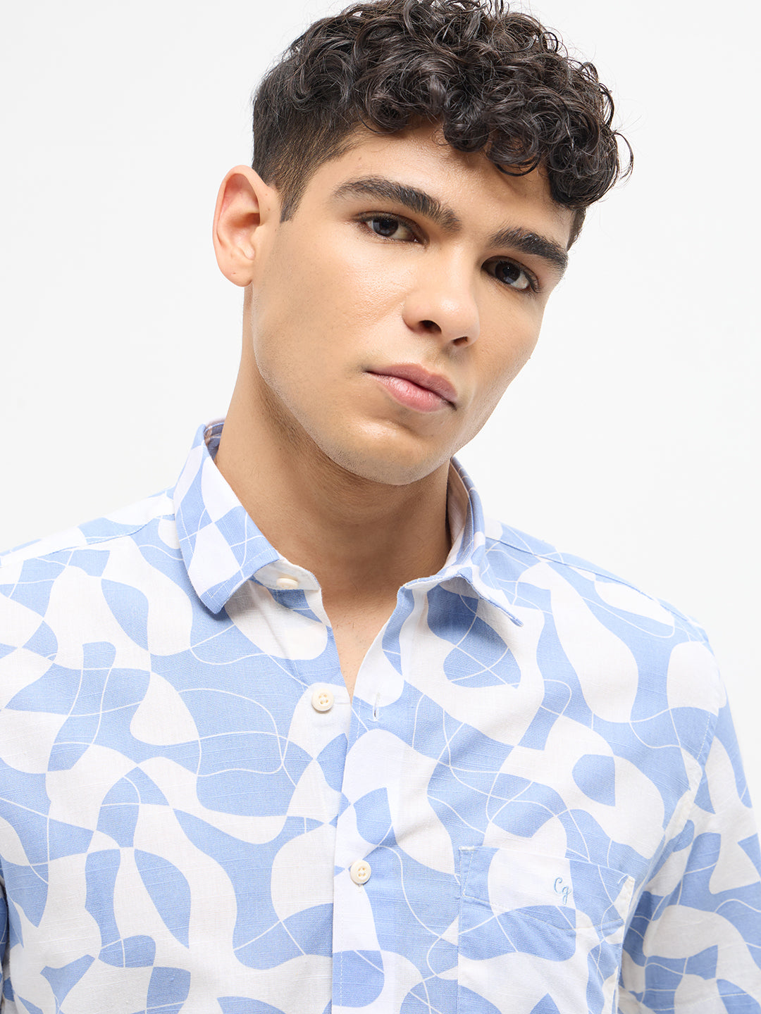 Muted Blue and White Printed Casual Shirt