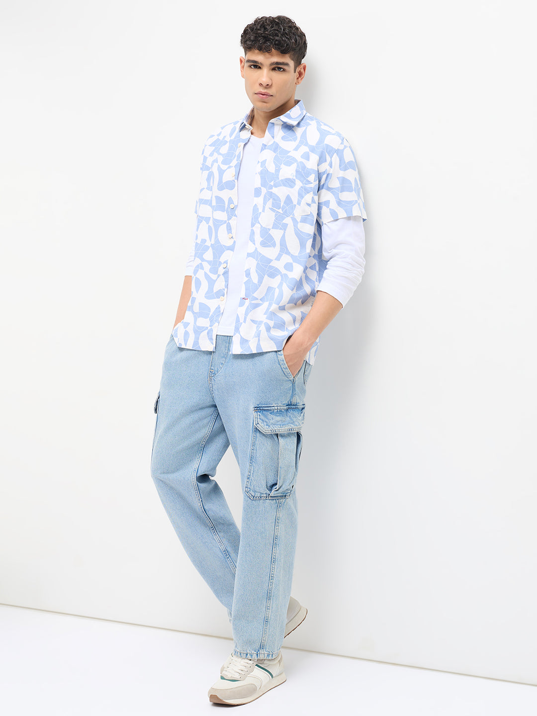 Muted Blue and White Printed Casual Shirt