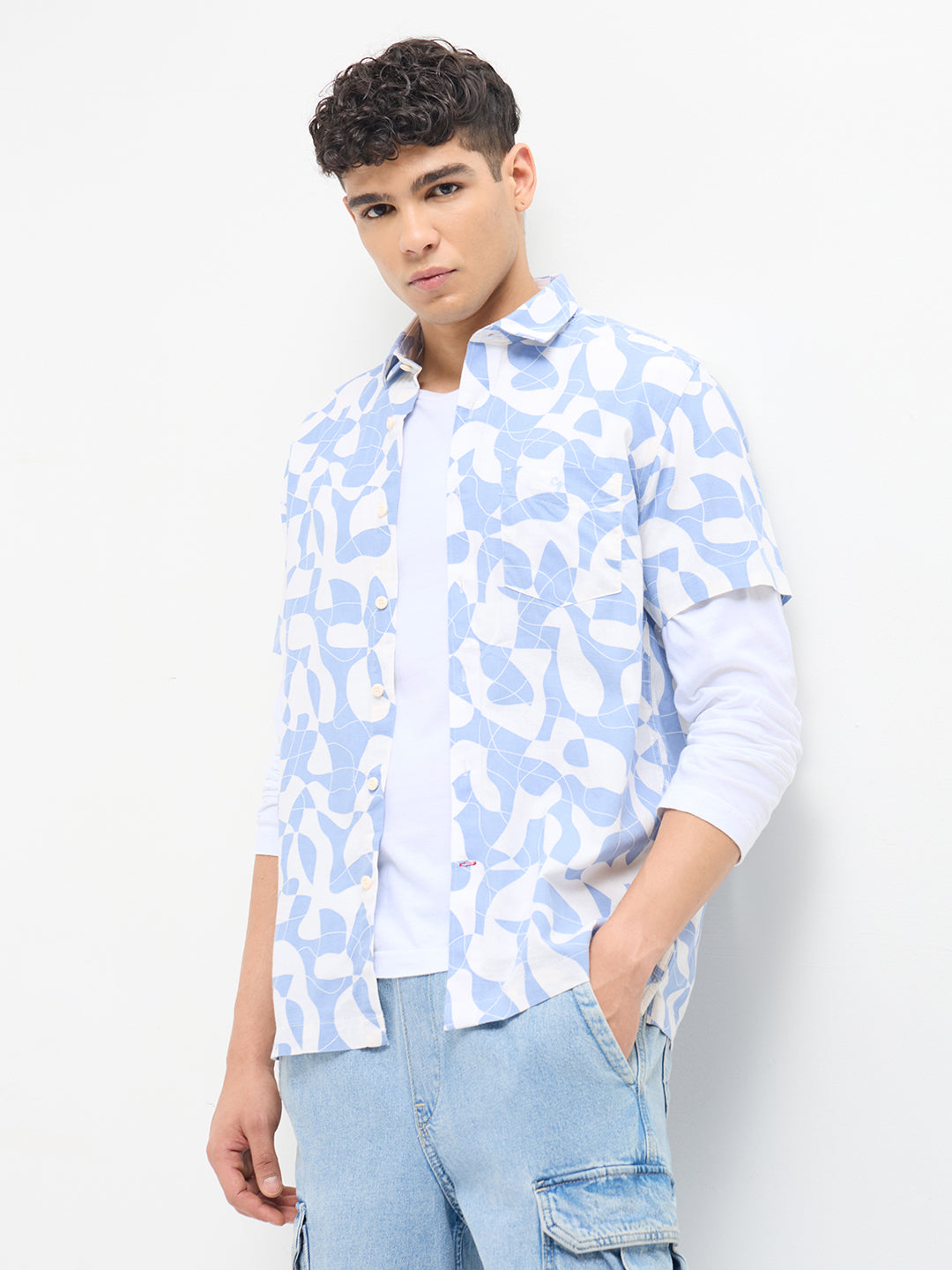 Muted Blue and White Printed Casual Shirt