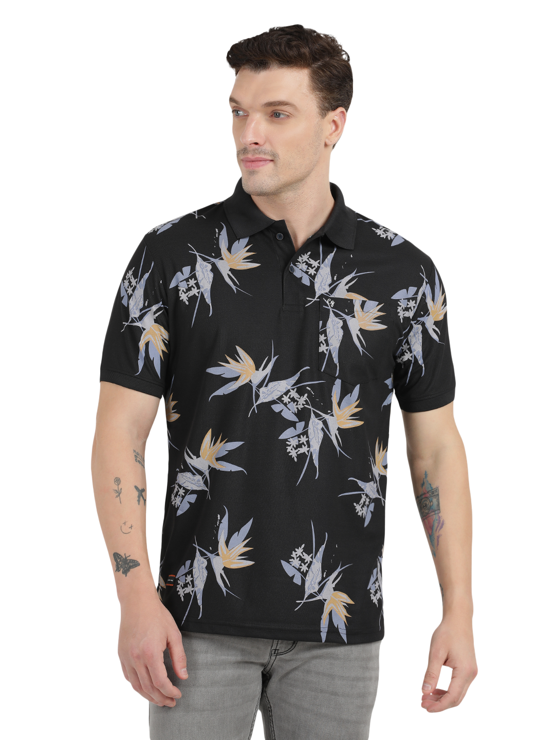 Black Printed Polo Collar T-Shirt
