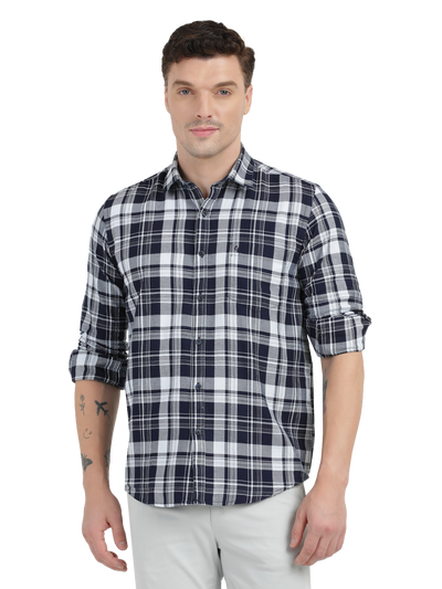 Navy Blue with White and Grey Checked Casual Shirt