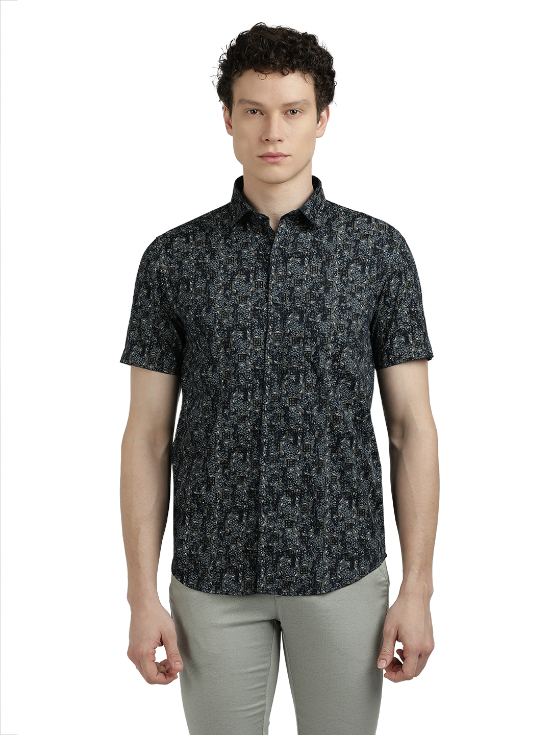 Navy Blue With Grey Printed Casual Shirt