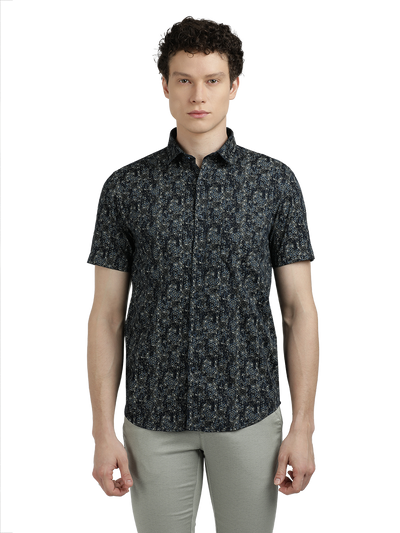 Navy Blue With Grey Printed Casual Shirt