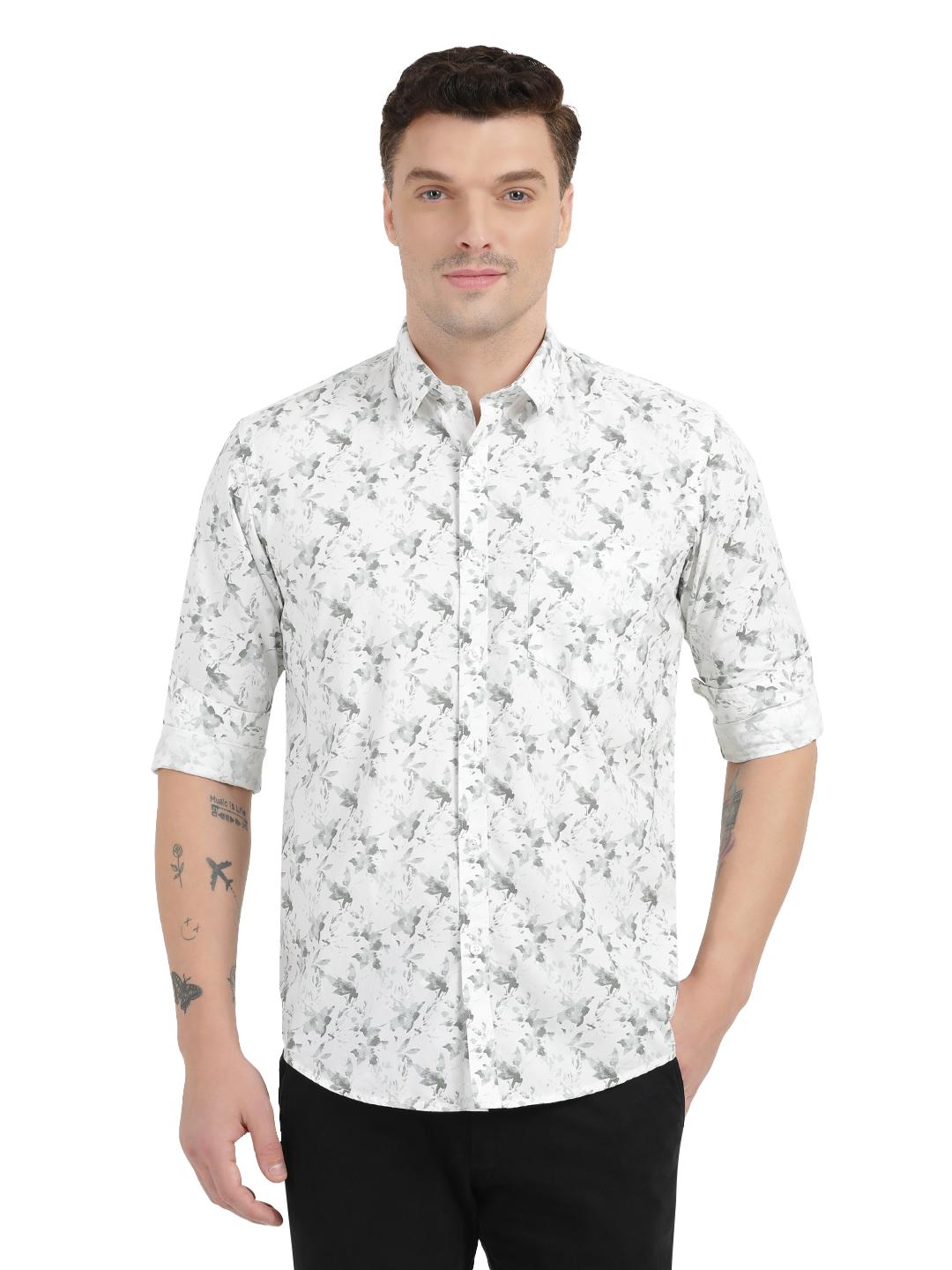 White with Grey Floral Casual Shirt