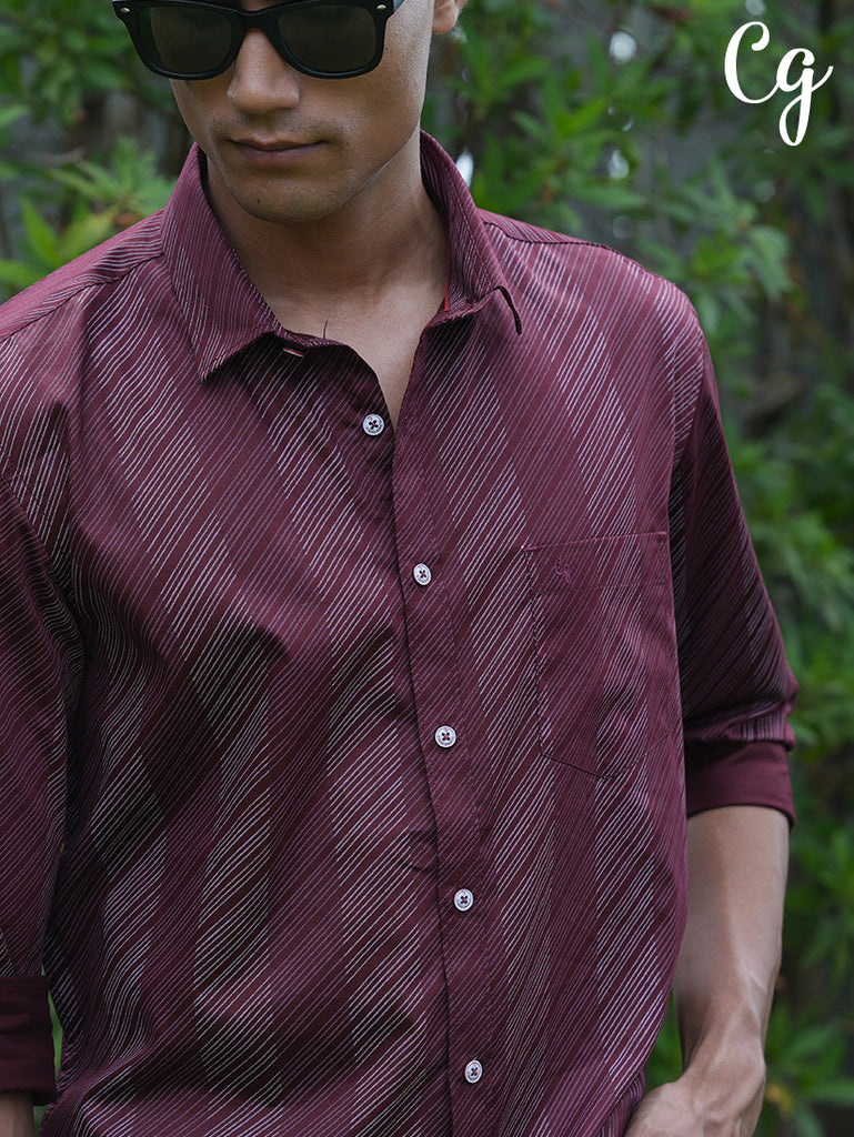 Model wearing Clarke Gable's Maroon Printed Casual Shirt in a casual setting