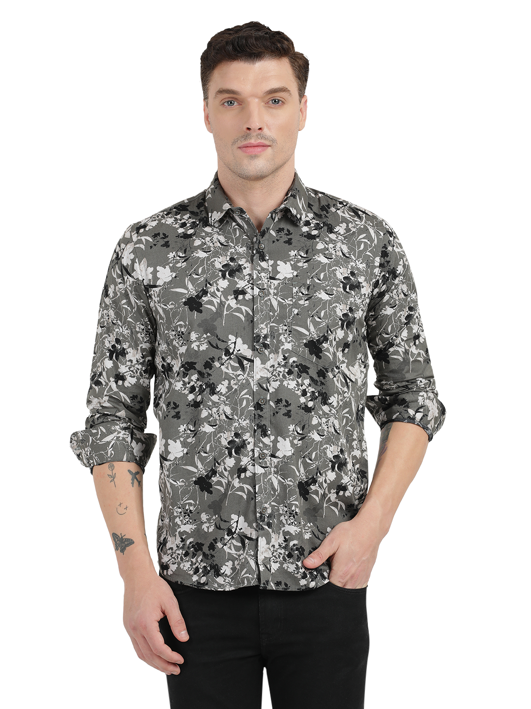 Grey with White and Black Casual Shirt