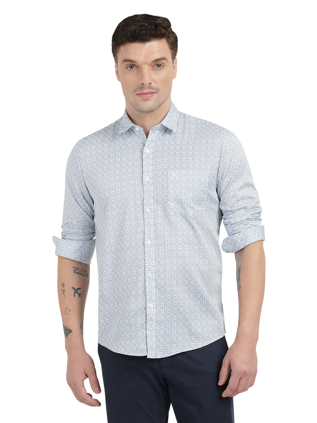 White with Blue Printed Casual Shirt