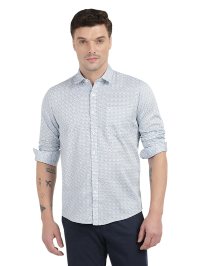 White with Blue Printed Casual Shirt