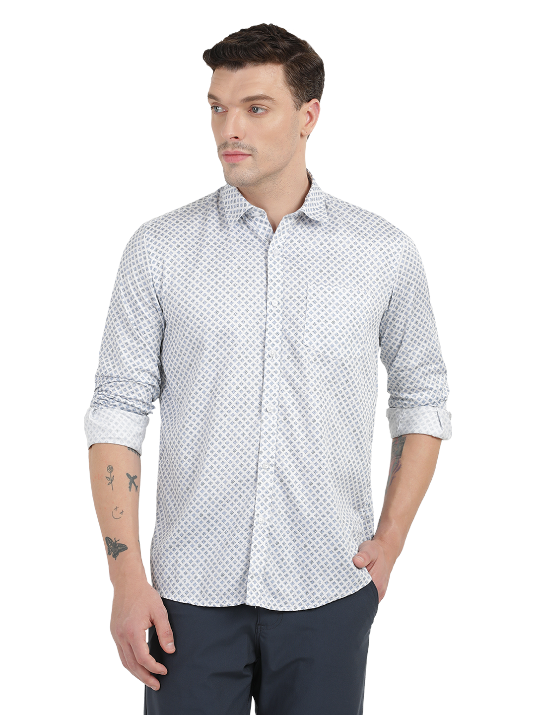 White with Blue Geometric Print Casual Shirt