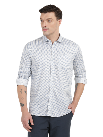 White with Blue Geometric Print Casual Shirt