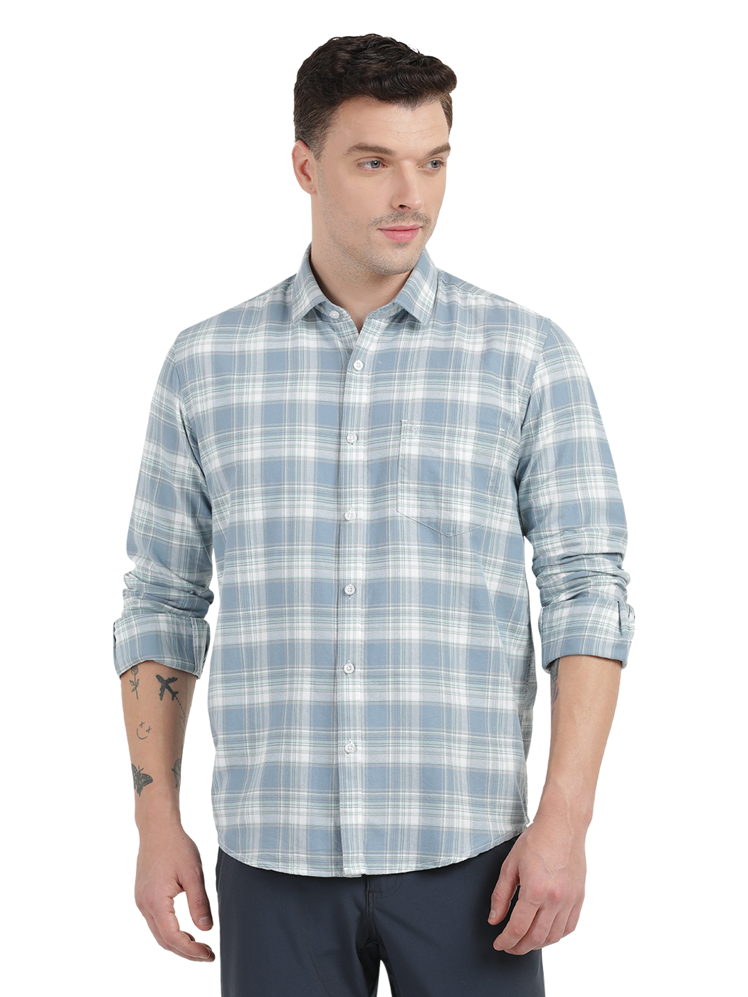 Light Blue with White Checked Casual Shirts