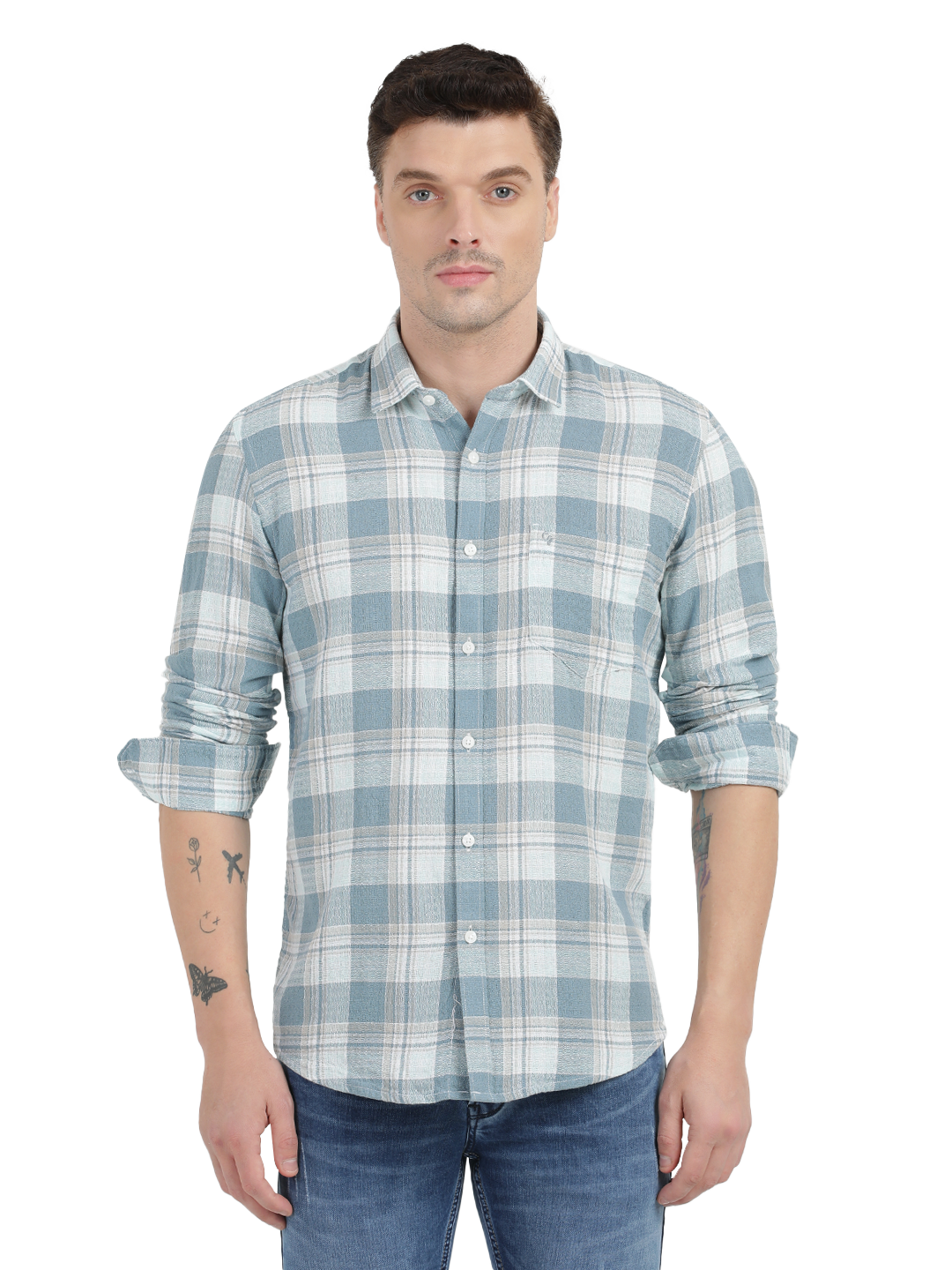 White with Sky Blue Checked Casual Shirt