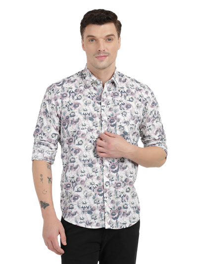 White with Pink Floral Printed Casual Shirt