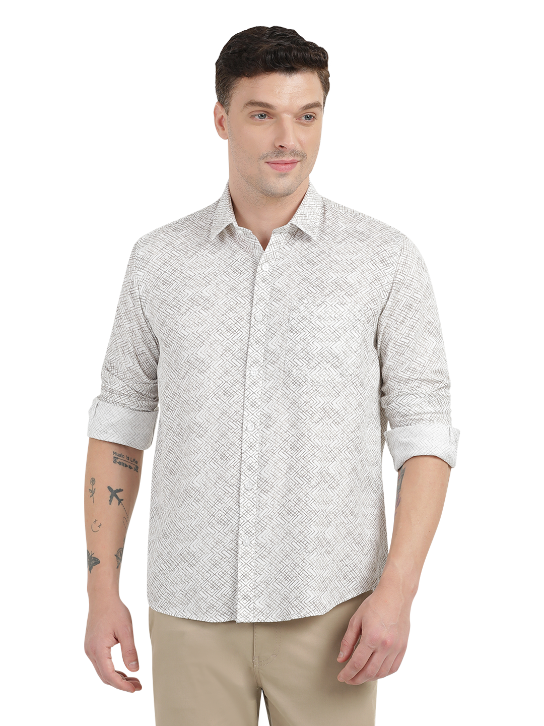 White with Beige Pattern Casual Shirt