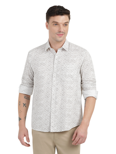 White with Beige Pattern Casual Shirt