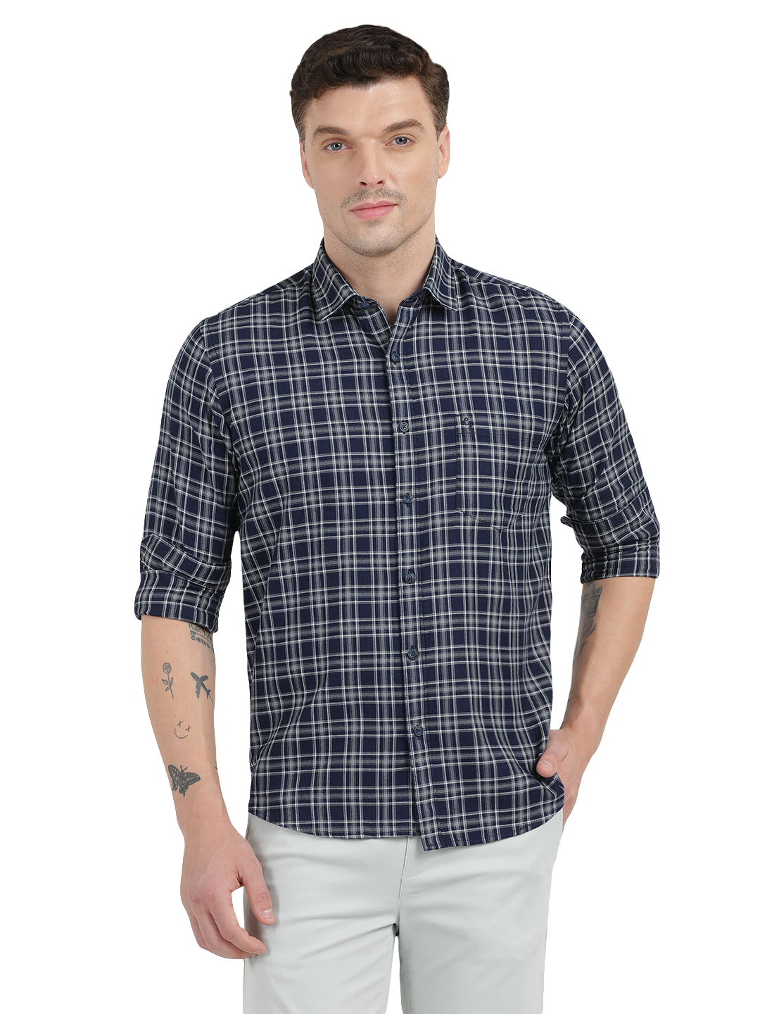 Blue with Grey Cheked Casual Shirt