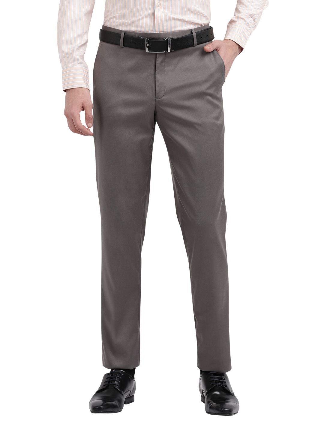 Model wearing Clarke Gable's Grey Casual Fit Trousers in a casual setting