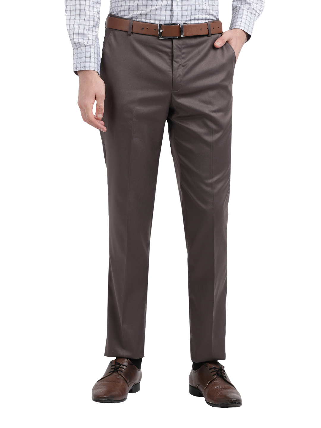 Model wearing Clarke Gable's Grey Sharp Fit Trousers in a casual setting