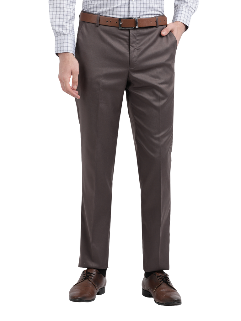 Model wearing Clarke Gable's Grey Sharp Fit Trousers in a casual setting