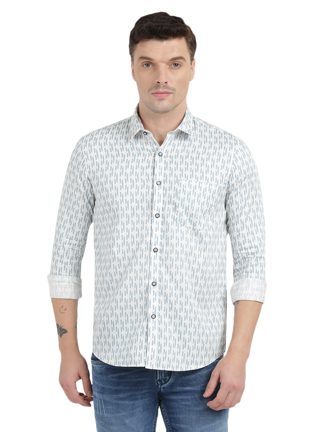 Blue with White Printed Casual Shirt