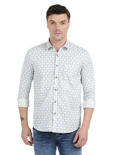 Blue with White Printed Casual Shirt