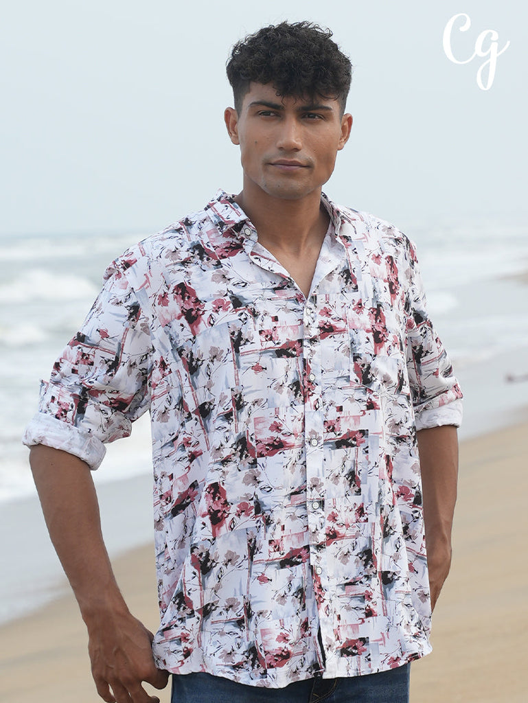 Model wearing Clarke Gable's White Printed Casual Shirt in a casual setting