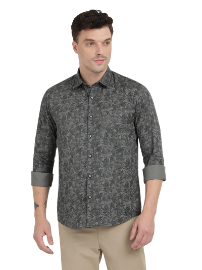 Grey with Black Printed Casual Shirt