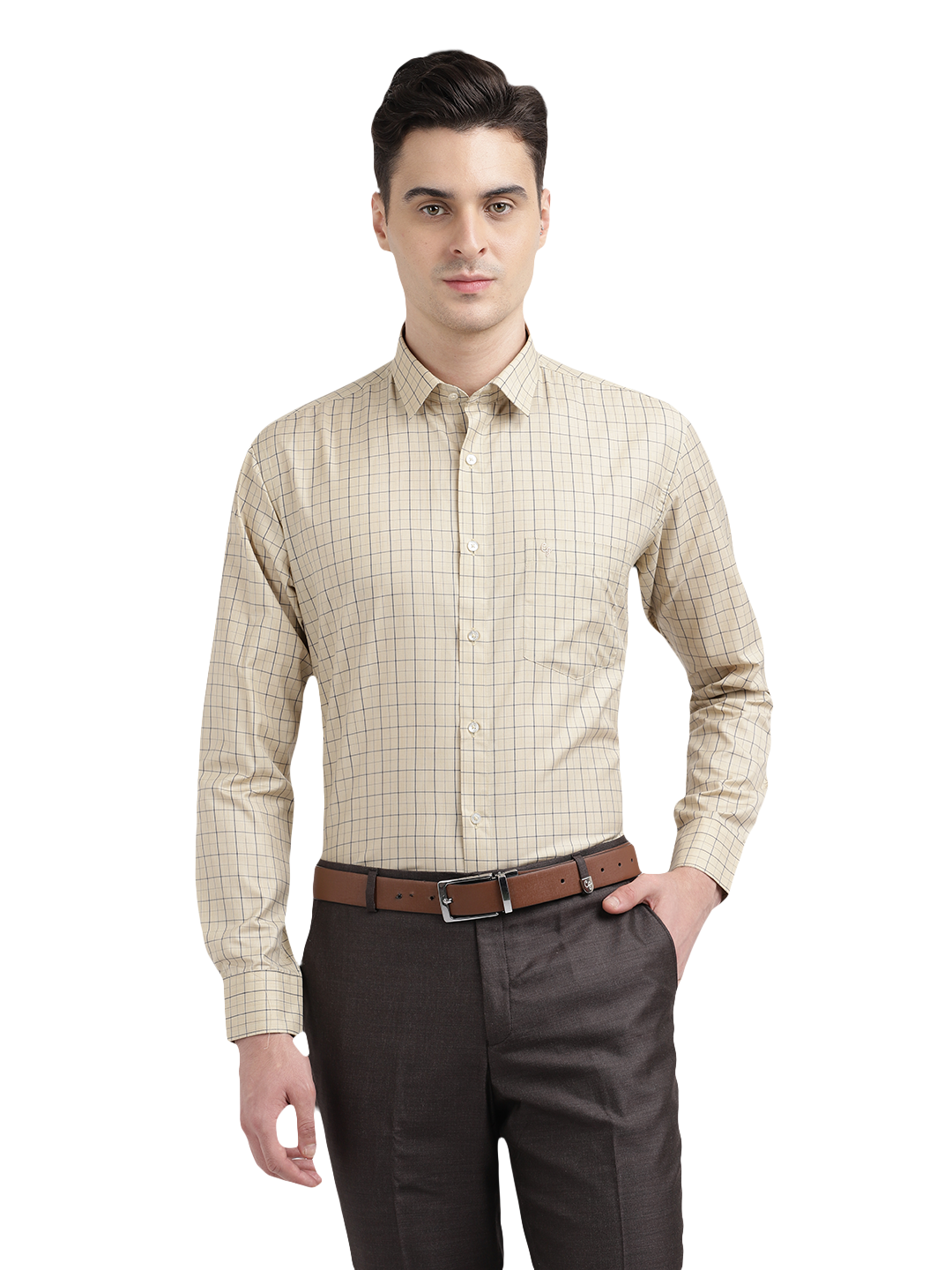Model wearing Clarke Gable's Cream Checked Formal Shirt in a casual setting