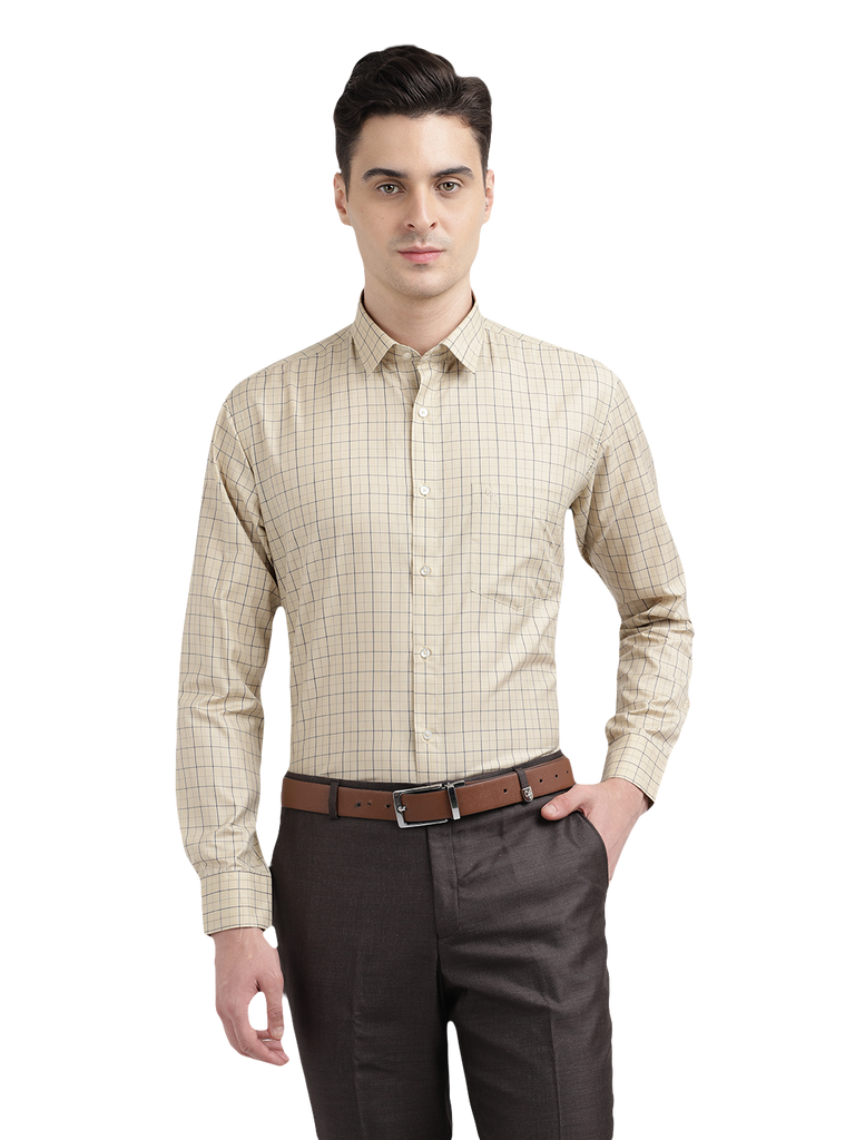 Model wearing Clarke Gable's Cream Checked Formal Shirt in a casual setting