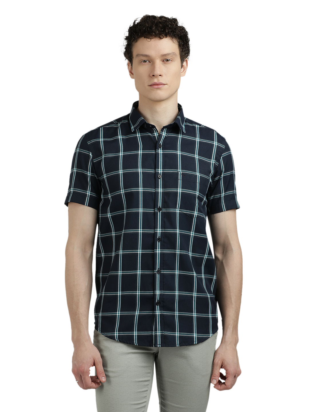 Navy Blue With Green Checked Casual Shirt