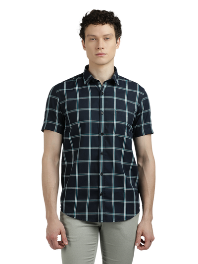 Navy Blue With Green Checked Casual Shirt