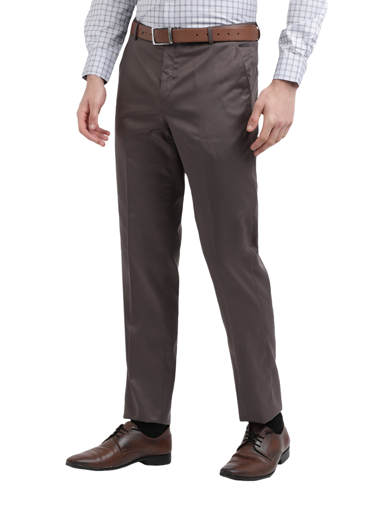 Model wearing Clarke Gable's Grey Sharp Fit Trousers in a casual setting