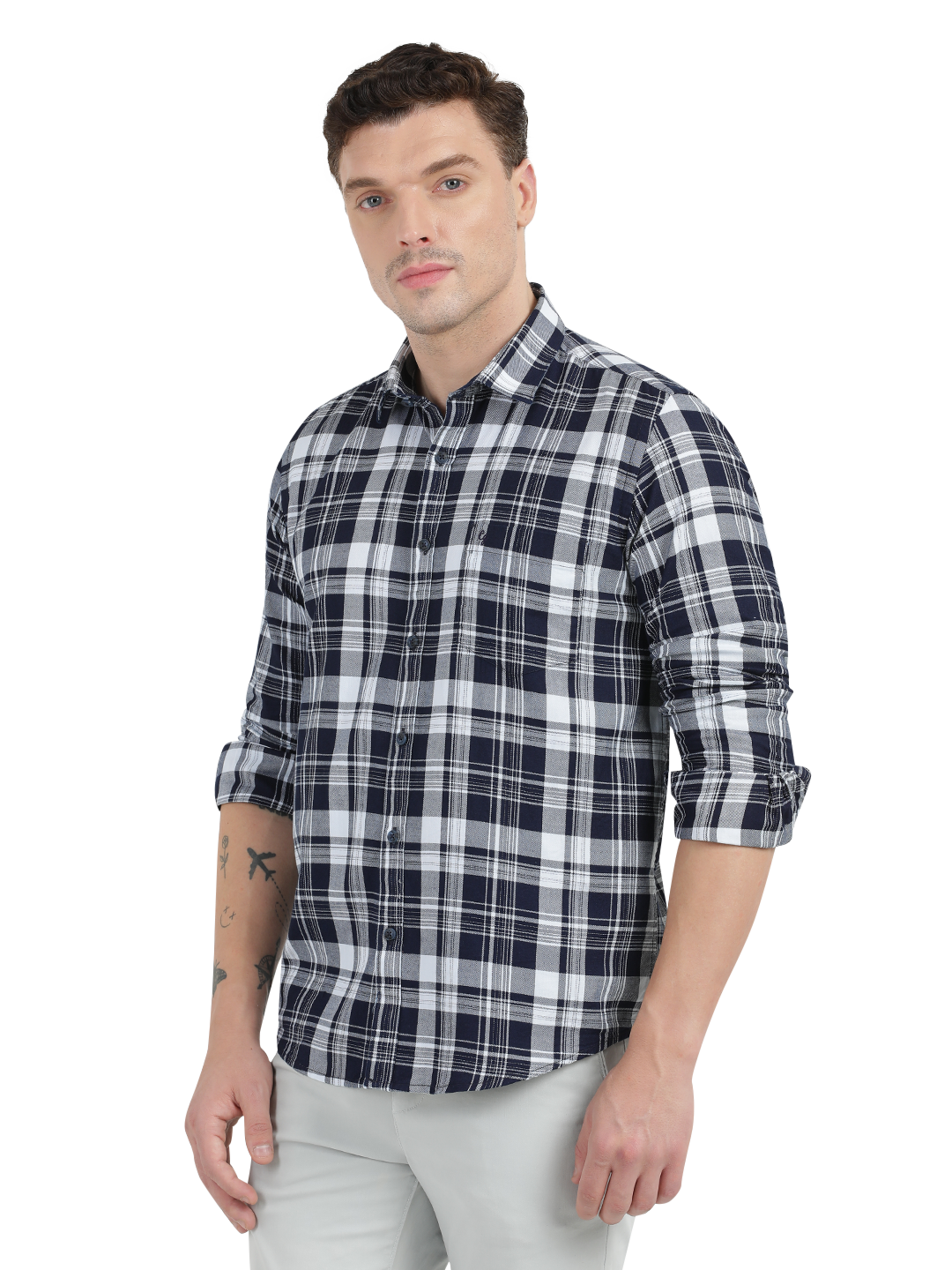 Navy Blue with White and Grey Checked Casual Shirt