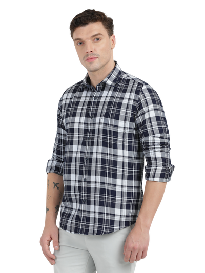 Navy Blue with White and Grey Checked Casual Shirt