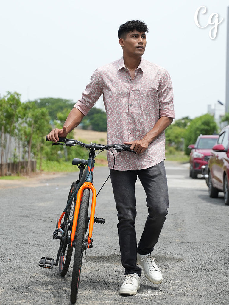 Model wearing Clarke Gable's Beige Printed Casual Shirt in a casual setting