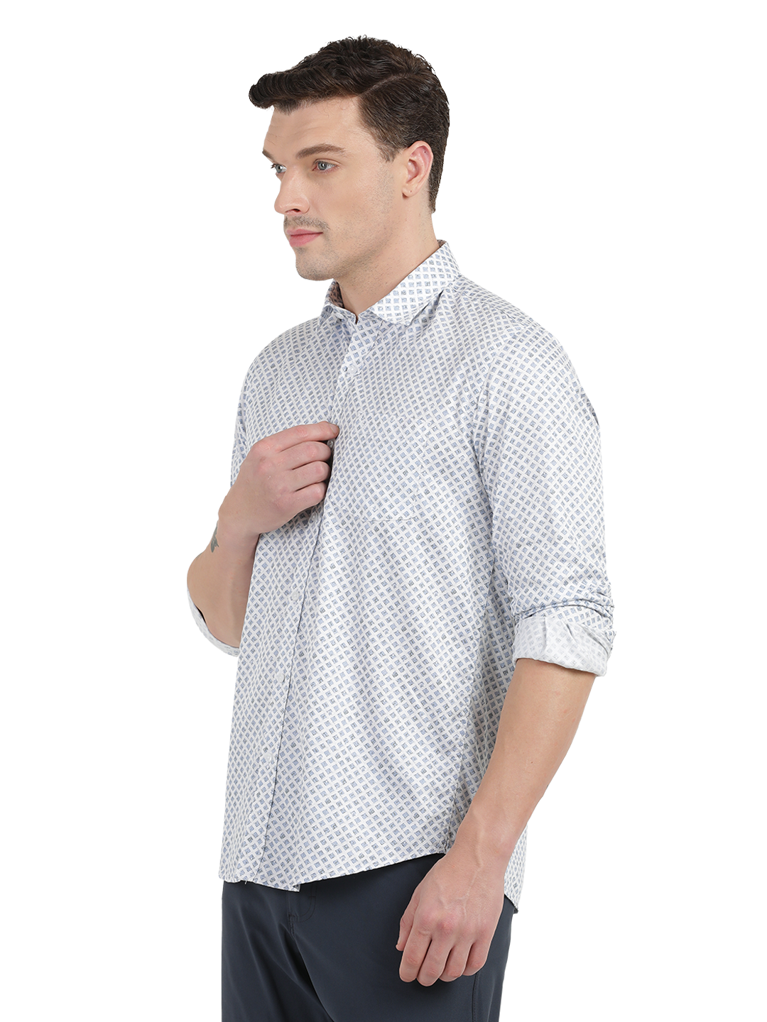 White with Blue Geometric Print Casual Shirt