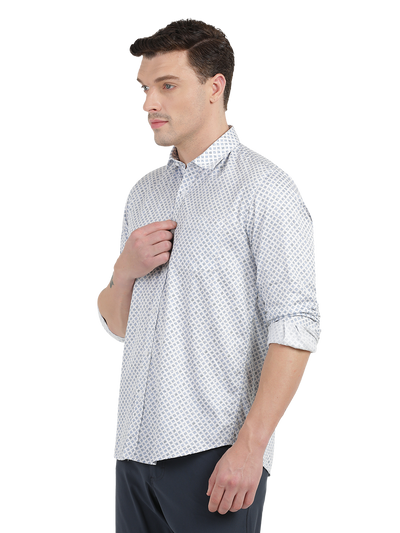 White with Blue Geometric Print Casual Shirt