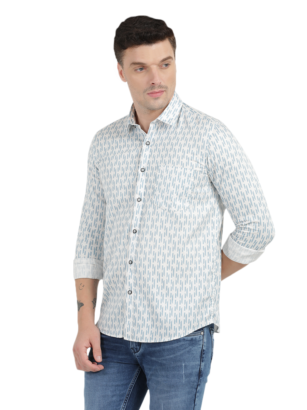 Blue with White Printed Casual Shirt