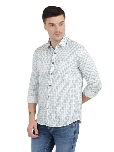 Blue with White Printed Casual Shirt