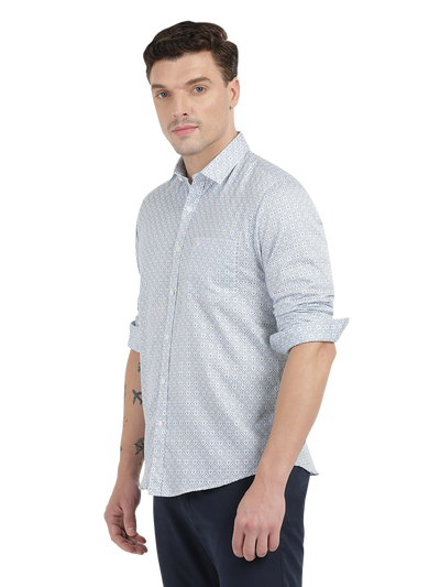 White with Blue Printed Casual Shirt