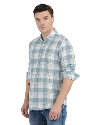 White with Sky Blue Checked Casual Shirt