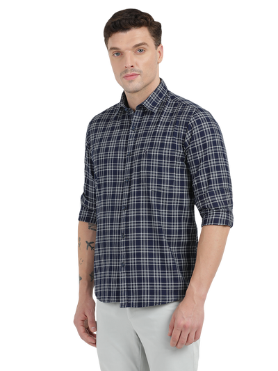 Blue with Grey Cheked Casual Shirt