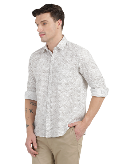 White with Beige Pattern Casual Shirt