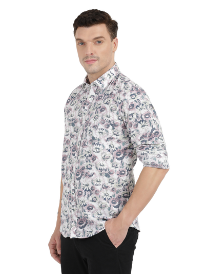 White with Pink Floral Printed Casual Shirt