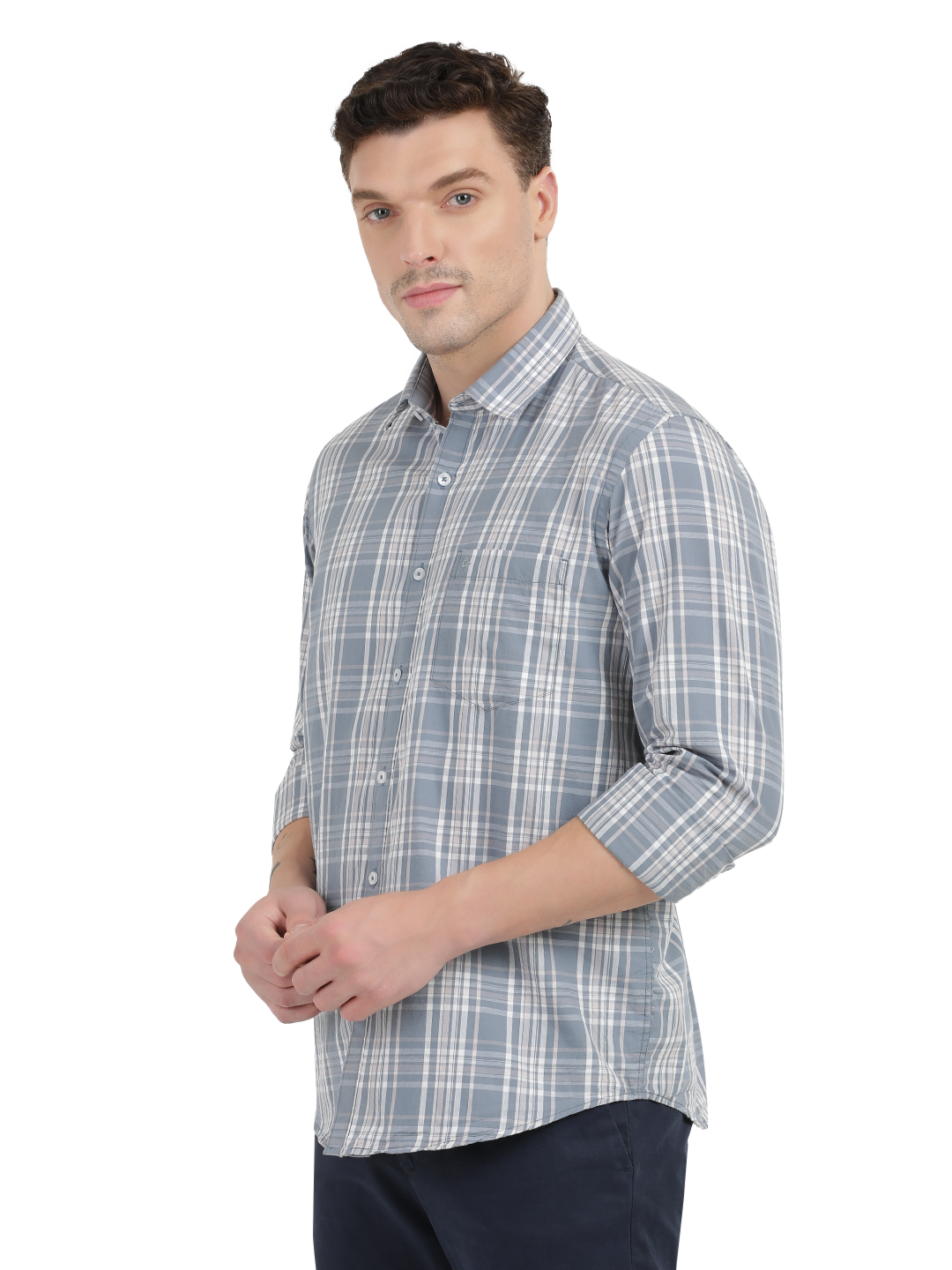 Sea Blue with White Checked Casual Shirt