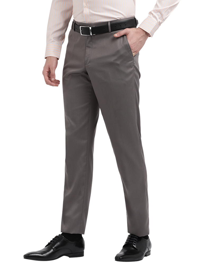 Model wearing Clarke Gable's Grey Casual Fit Trousers in a casual setting