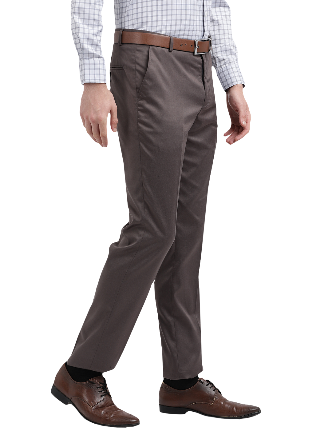 Model wearing Clarke Gable's Grey Sharp Fit Trousers in a casual setting